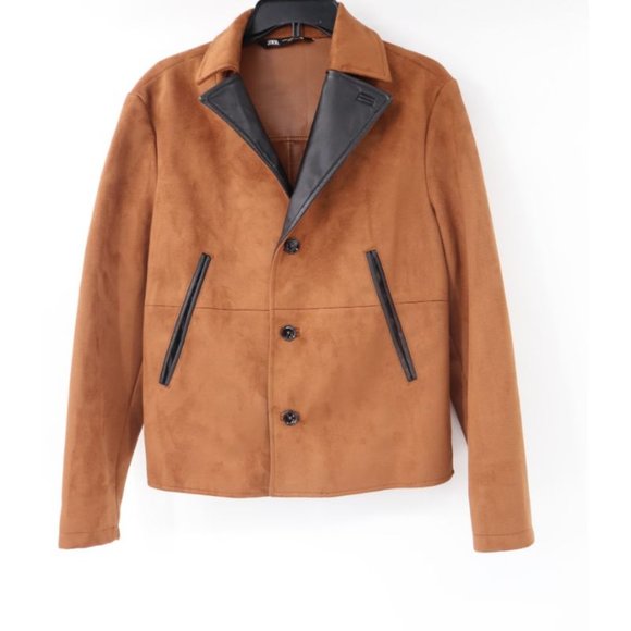 Zara Other - zara jacket Mens medium faux Suede leather long sleeve Brown bomber collared